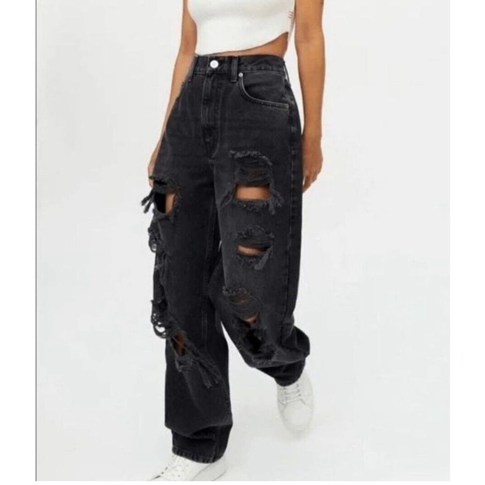 BDG UO High Rise Baggy Jeans Black Destroyed Ripped Womens Size 28 Rigid Denim